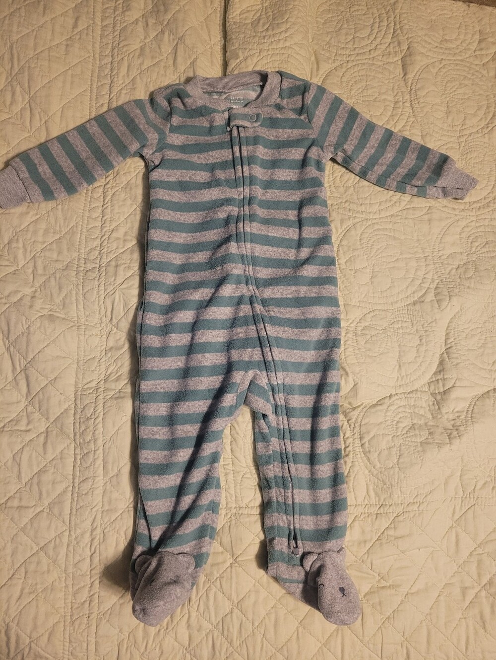 Carter's Fleece Striped Green & Gray Baby One-Piece Footed Pajamas
